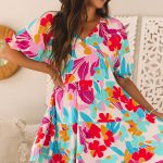 Rose Red Floral Bubble Sleeve V Neck Tiered Ruffle Babydoll Dress