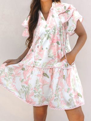 Pink Floral Contrast Edge Layered Short Sleeve Mini Dress
