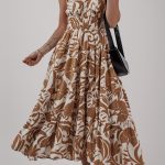 Khaki Floral Shirred High Waist Spaghetti Straps Maxi Dress