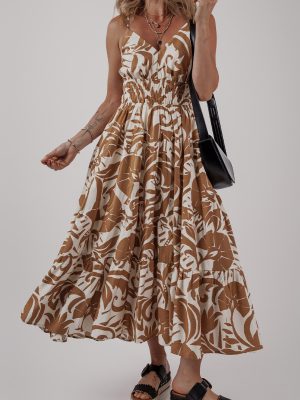 Khaki Floral Shirred High Waist Spaghetti Straps Maxi Dress