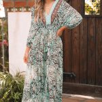 Green Boho Floral Print Lace-up Open Back High Waist Maxi Dress